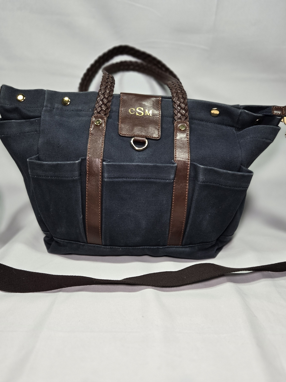 Boulevard Windsor Organizer Tote Large Navy Canvas Braided Leather Handles